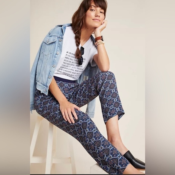 Anthropologie Blue Patterned Straight Leg Pants - Picture 3 of 13